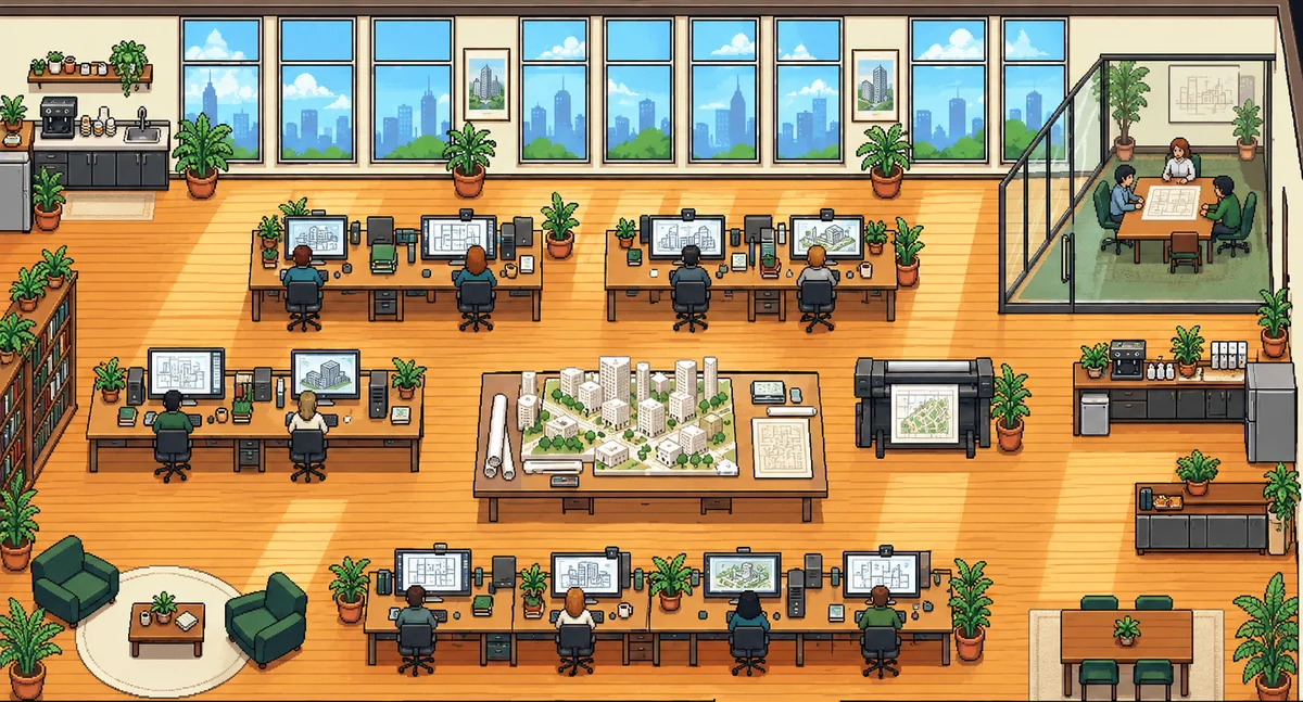 A large design studio drawn in pixel art: rows of desks with plans on screen, a scale model on a big table, a glass meeting room.