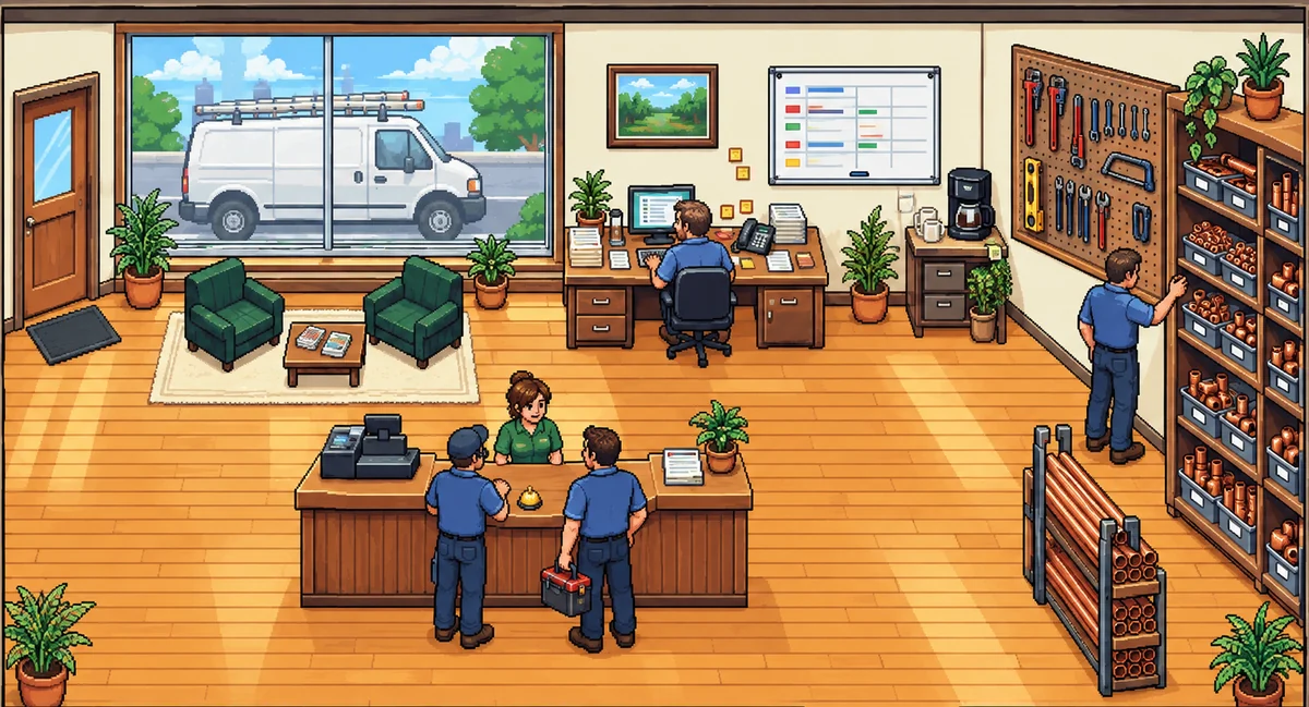 A small plumbing shop drawn in pixel art: the owner at a desk full of paper tickets, two workers at the counter, a work van outside.