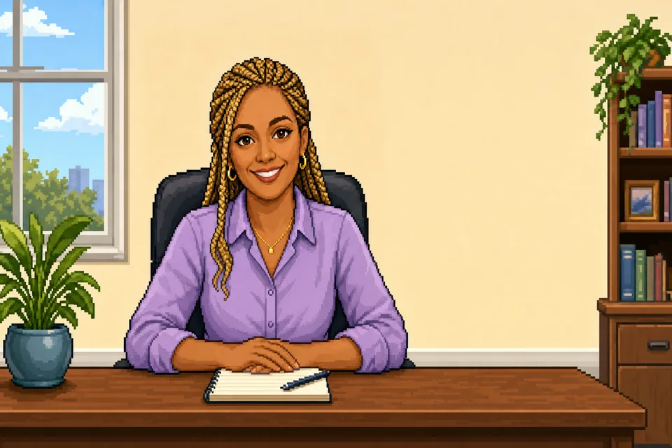 Priya at her desk.
