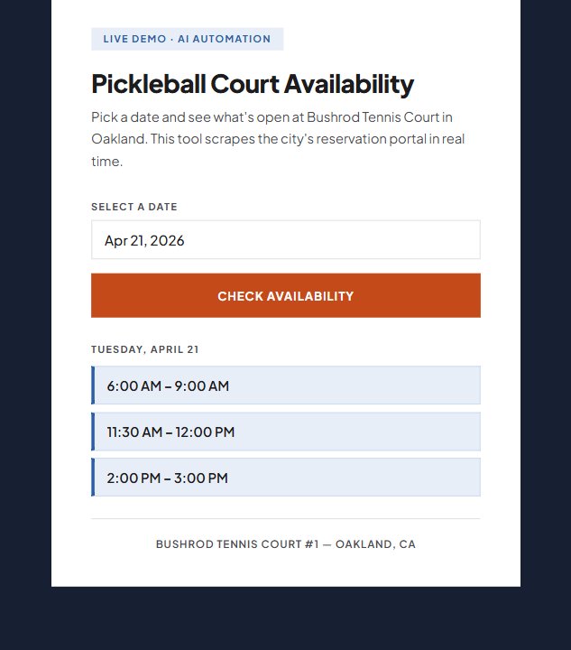 Court availability tool showing open time slots for April 21