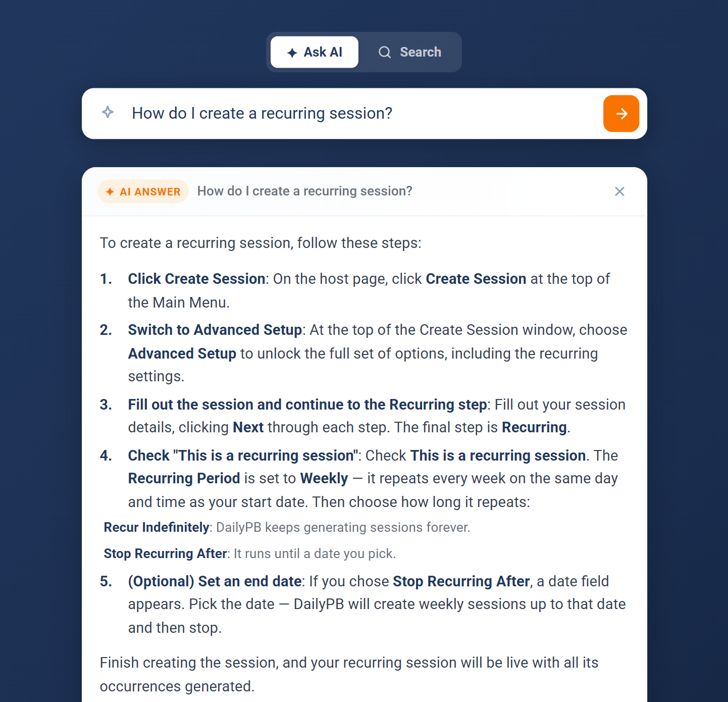 The DailyPB AI help agent answering a real question with step-by-step instructions and cited source articles.
